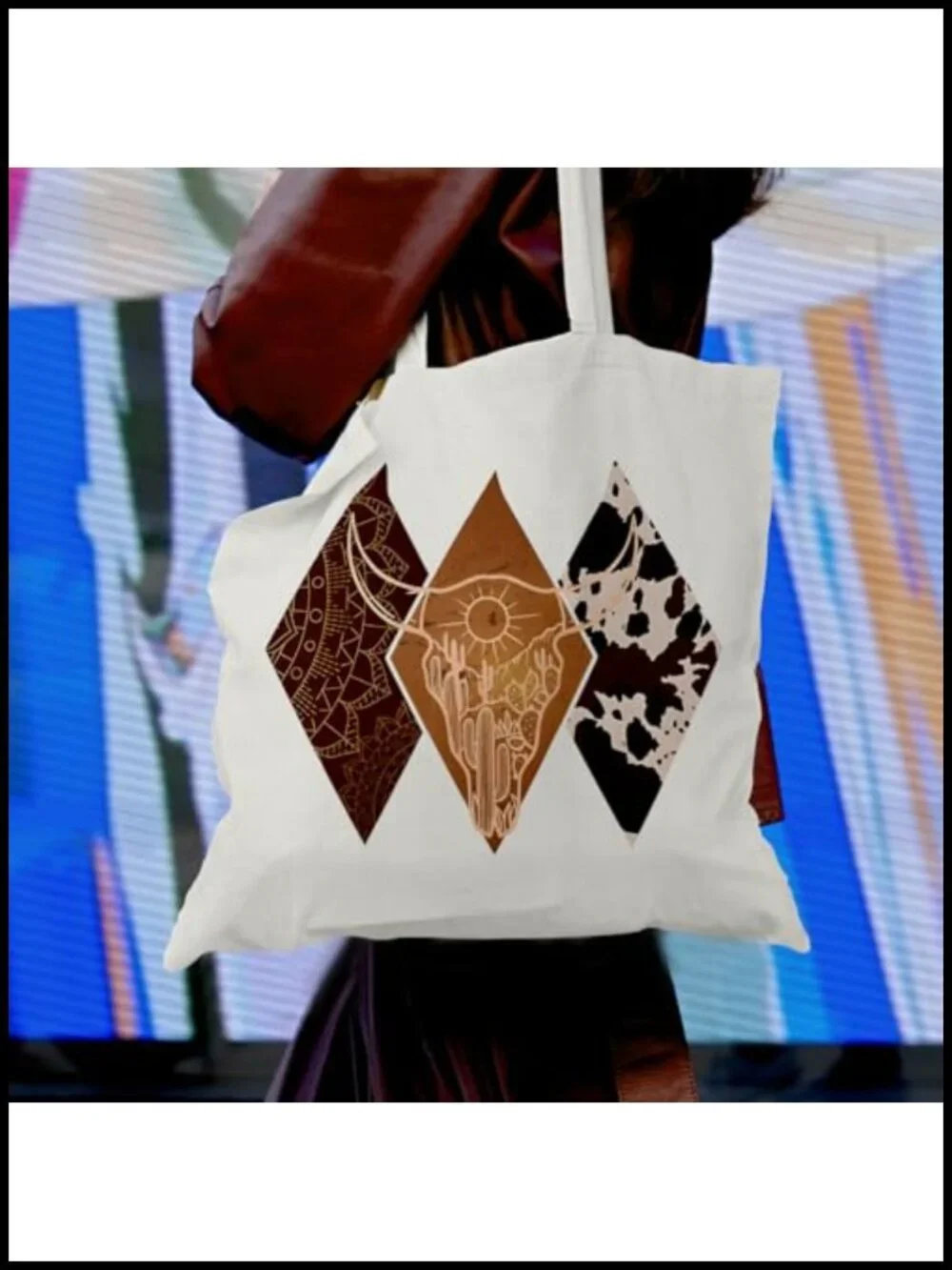 Western Cow Bull Skull Canvas Tote Bag Reusable Grocery Shopping Tote